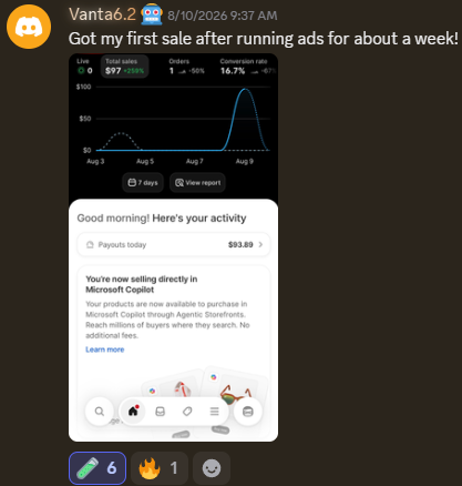 Vanta6.2's Shopify dashboard — $97 total sales