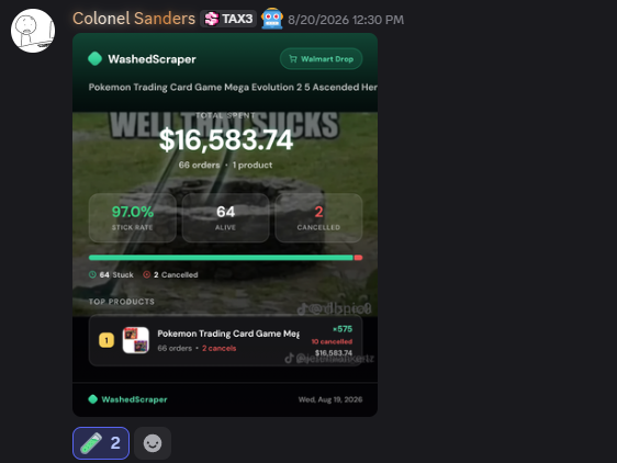 Colonel Sanders's botting dashboard — $16,583.74 total spent