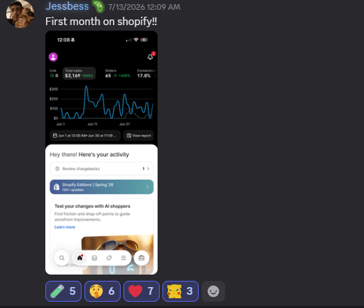 Jessbess's Shopify dashboard — $3,169 total sales