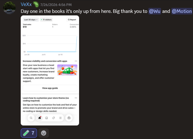 VeXx's Shopify dashboard — $19 total sales